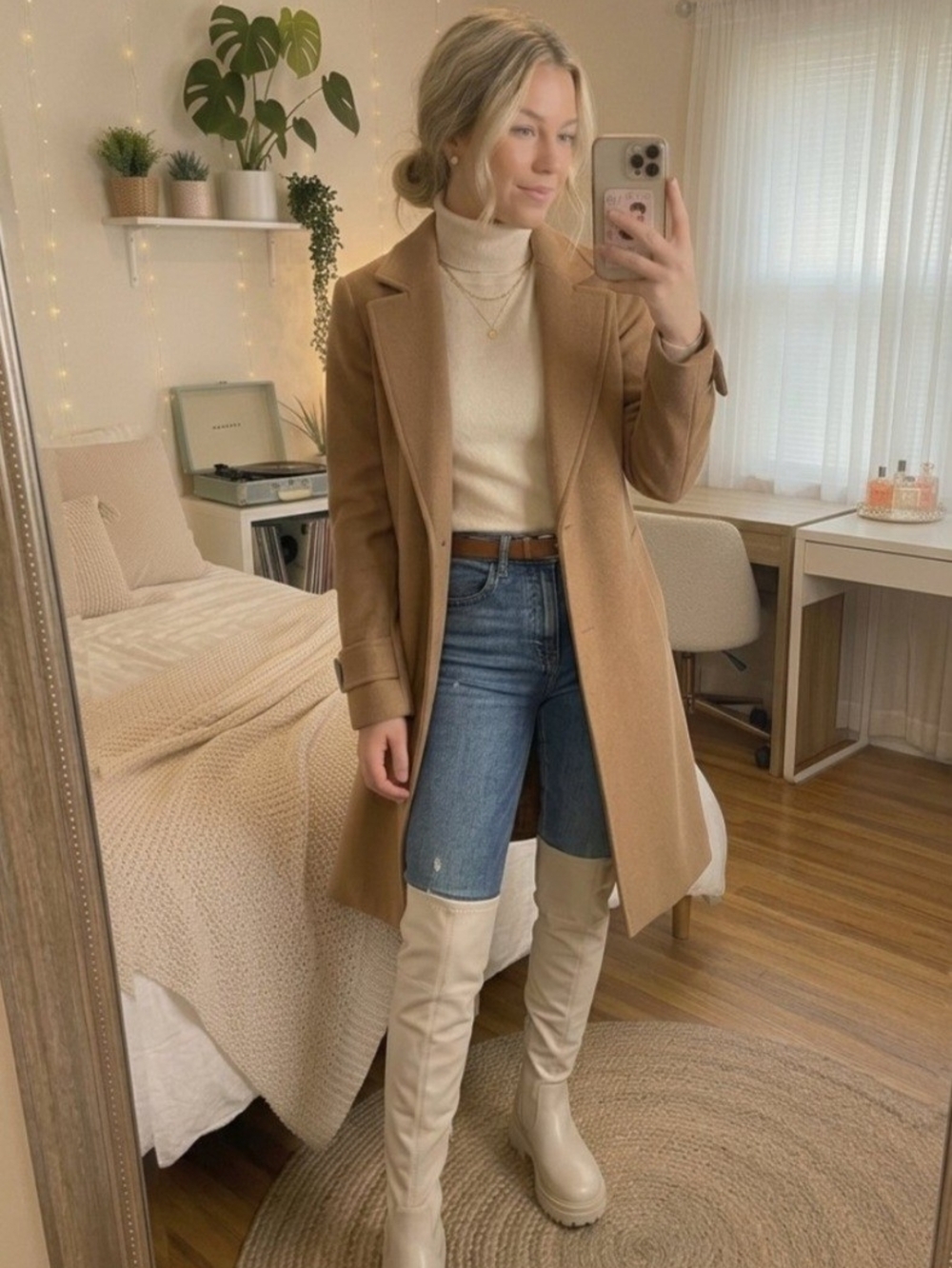 Women’s Cream Knee-High Platform Boots - Stylish Neutral Riding Look